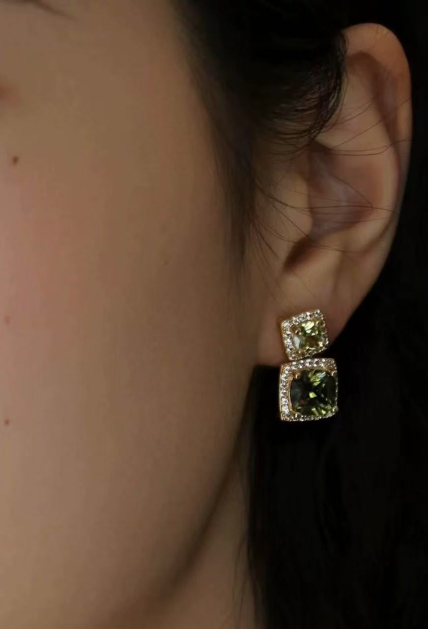 925 silver needle copper-plated zircon olive green Elf style earrings