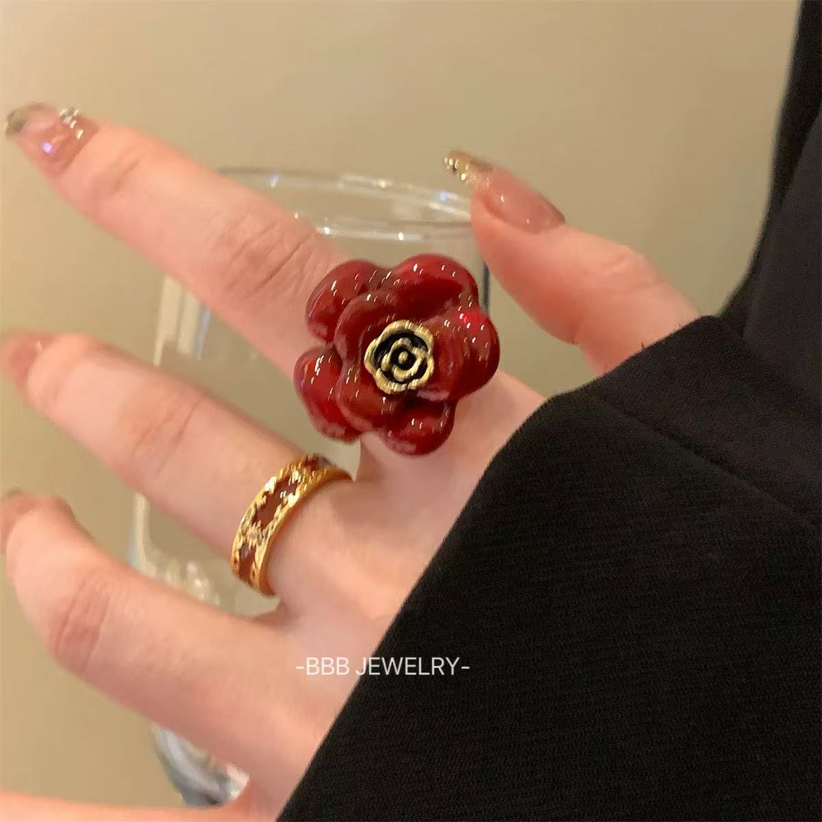 Ankarah red drop glaze flower ring