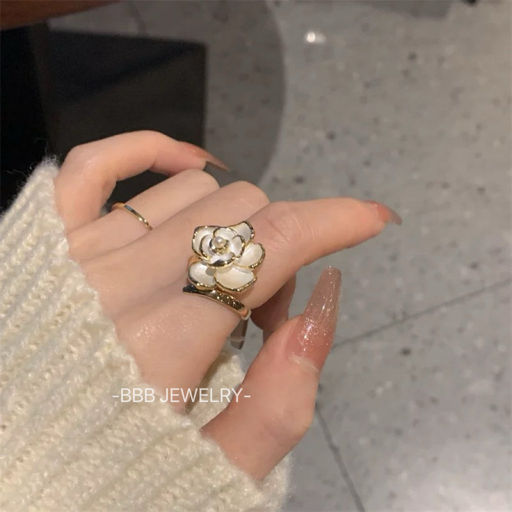 Camellia flower electroplated copper drop-glazed jewelry ring